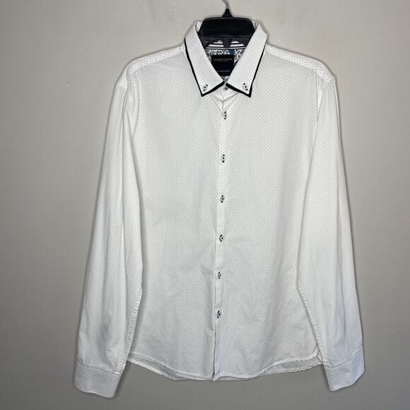 DENIM & FLOWER Shirt Mens XL White Black Dot Button Down Contrast Cuff Cotton - Picture 1 of 9